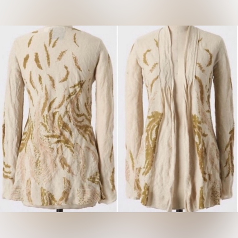 Anthropologie thin knit ecru gold metallic feather print open cardigan sweater M - Picture 6 of 11